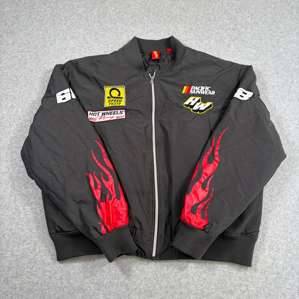 Hot Wheels Racing Bomber Jacket Mens XS Black Pacific Sunwear Flame Graphics
